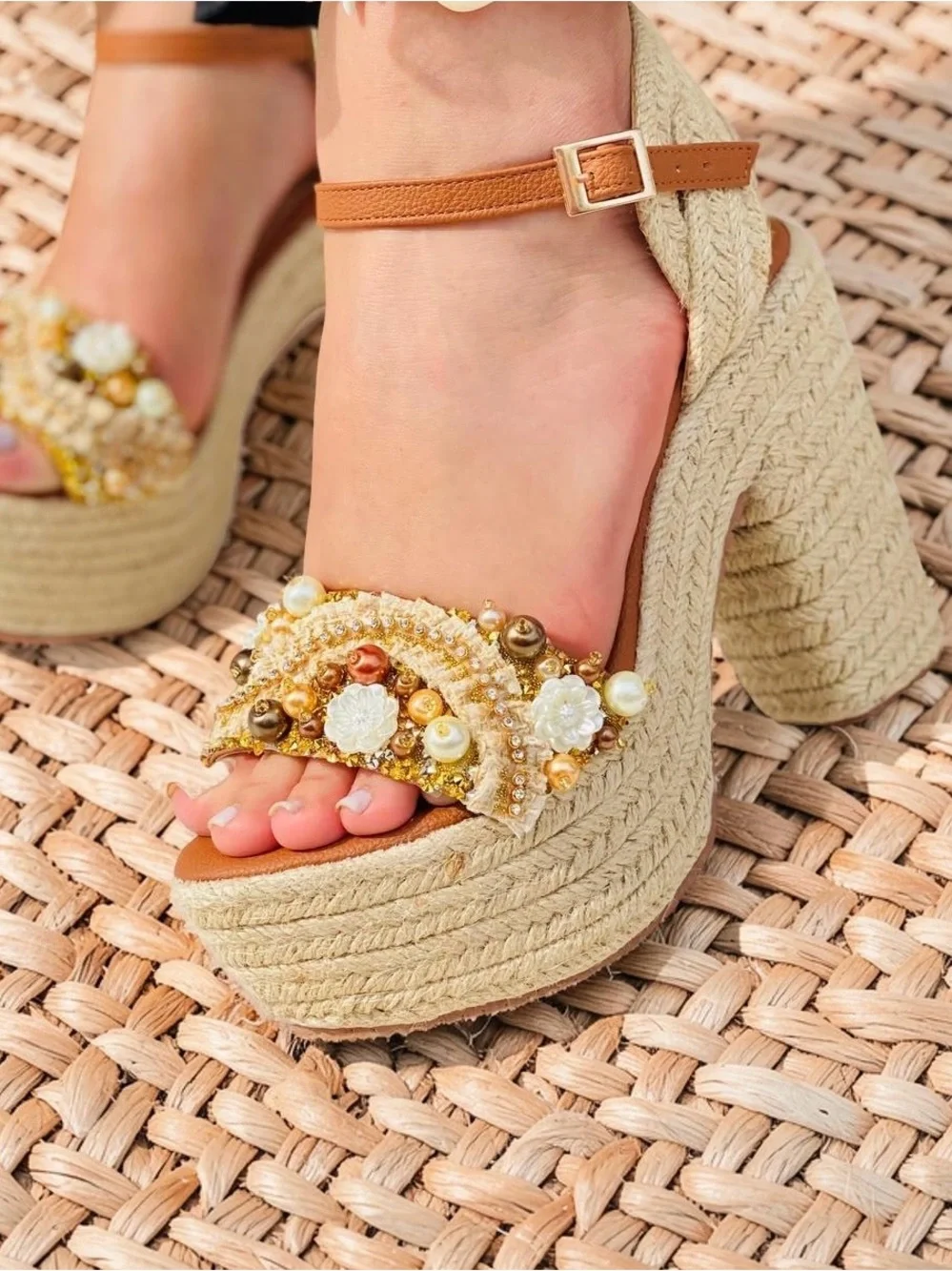 Beaded Pearl Espadrille Wedge Sandals - Beige